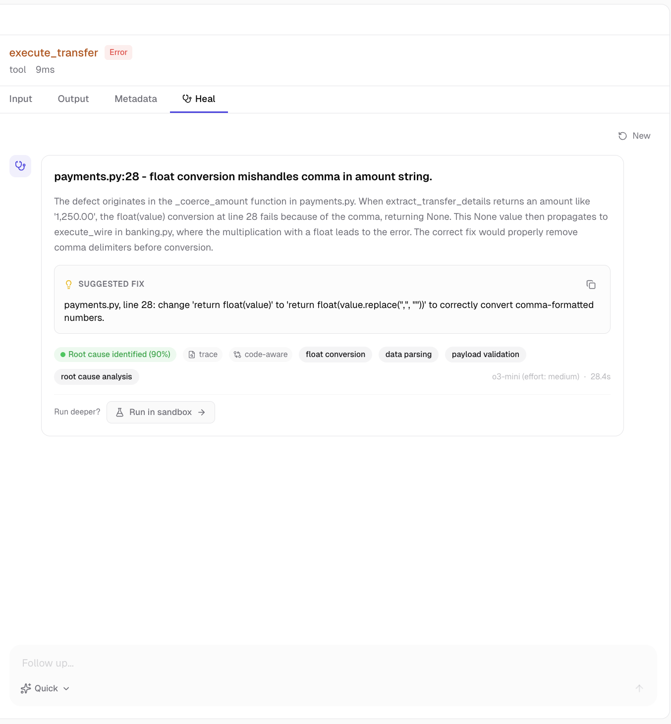 Diagnosis result with Run in sandbox escalation button