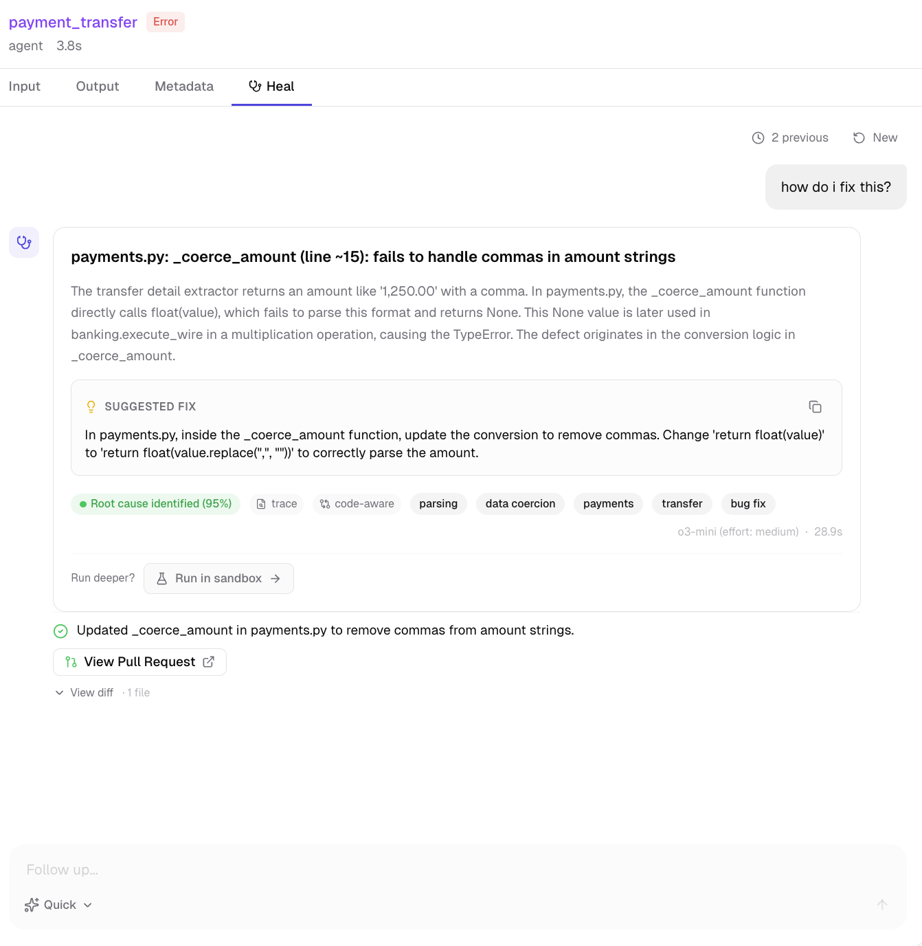 Diagnosis with root cause, fix applied, and View Pull Request link
